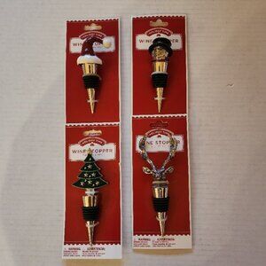 Set of 4 Holiday Time Wine Stoppers - Santa Hat, Tree, Snowman, Reindeer